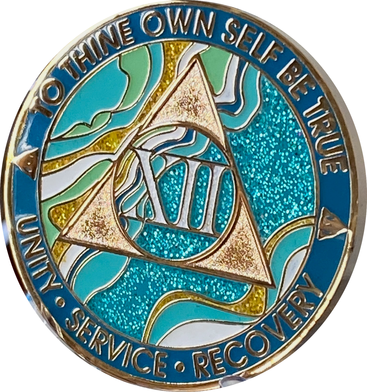 12 Year AA Medallion Elegant Caribbean Aqua Glitter Teal Marble